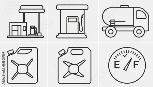 Collection of icons representing a gas station, fuel cans, and a fuel gauge, symbolizing energy and transportation services