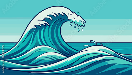 Dynamic illustration of a mighty ocean wave cresting with foamy white water under a clear sky, capturing the raw power and serene beauty of the vast sea