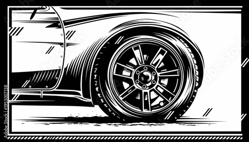 Dynamic monochrome graphic illustration showcasing the detailed front wheel and fender of a powerful, classic-inspired automobile, evoking speed and sophisticated design