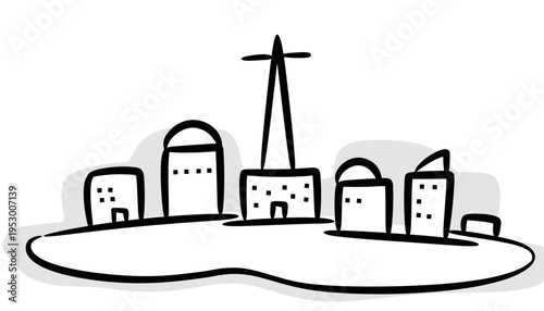 Charming hand-drawn doodle of an abstract urban landscape with a mix of buildings and a distinct central tower, ideal for minimalist graphic design and conceptual city themes