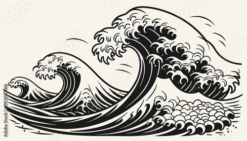Stylized illustration of powerful ocean waves, capturing the concept of nature's raw force and fluid motion in dynamic black and white detail