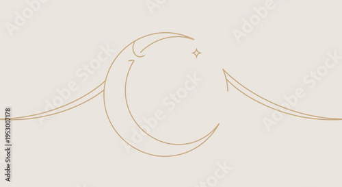 Elegant Crescent Moon and Star Line Art Illustration, Minimalist Celestial Graphic Design Element on Neutral Beige Background, Vector