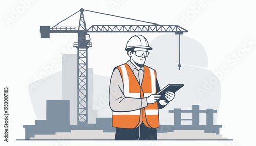 Modern construction manager leveraging digital technology with a tablet, overseeing complex building projects and ensuring efficient site operations and safety