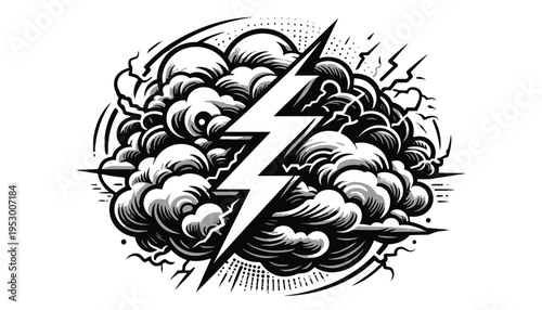 Powerful lightning bolt strikes through stormy clouds, symbolizing energy, electricity, and nature's force