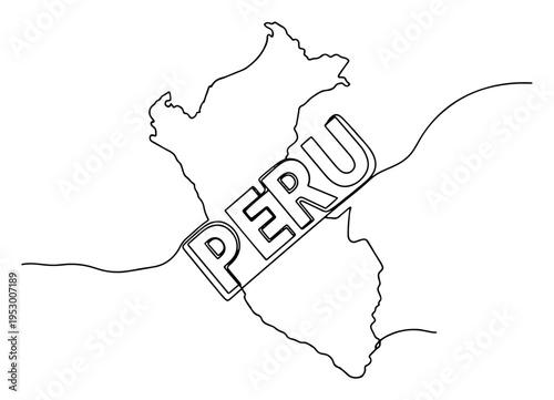 Modern single line drawing of Peru map with integrated country name lettering