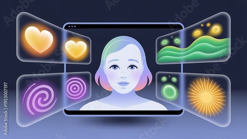 Woman Face Surrounded by Colorful Icons on Smartphone Screens