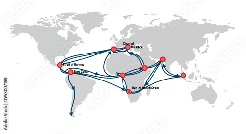 Flat 2D illustration of a complex shipping route map on a world map with multiple red markers and blue lines
