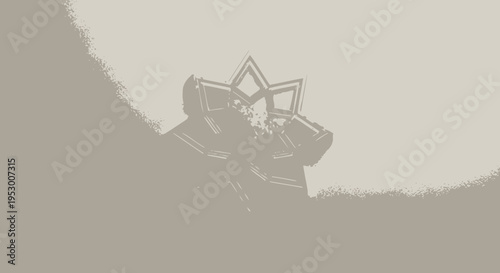 Faded abstract geometric star flower illustration on textured background, monochromatic, mystical symbol with ancient aesthetic