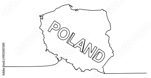 Minimalist one line drawing of Poland map with integrated country name typography