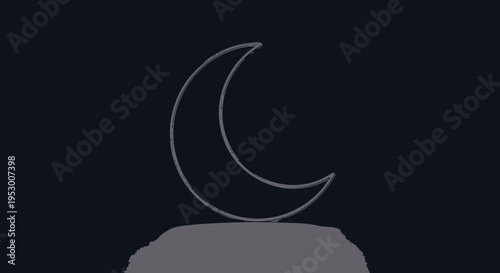 Minimalist Line Art Crescent Moon Resting on a Stone Base in Dark Night Sky, Conceptual Nighttime Symbol