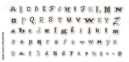 Ransom note alphabet vector set. Anonymous letters, numbers and symbols cut out from light newspaper and magazine paper. Grunge text font isolated on white background. Punk typography collage elements