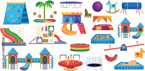 Kids Indoor Playground Elements Ball Pit Trampoline Carousel Playroom Vector Set