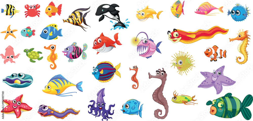 Obraz premium Sea Animals and Fish Collection Marine Life Ocean Creatures Vector Illustration Set