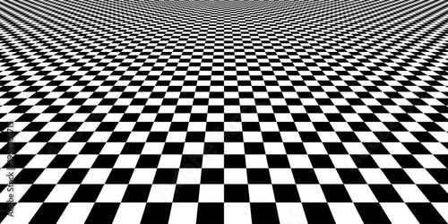 Black and white checkerboard floor fading in perspective. Vanishing checkered tile pattern background. Vector vintage empty room stage checker floor. Retro horizontal chess board grid plane surface