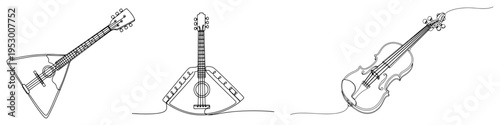 Continuous one line drawing set of balalaika and violin musical string instruments
