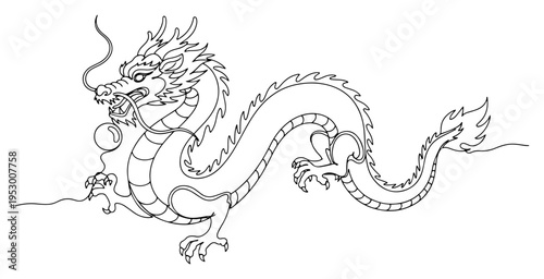 Continuous one line drawing of a Chinese dragon holding a pearl