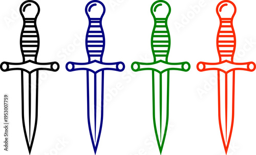 Set of four daggers in different colors black blue green and red isolated on transparent