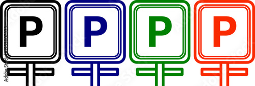 Set of four parking signs P symbol in different colors black blue green and orange isolated on transparent background