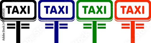 Set of four taxi signs in black, blue, green, and red on white backgrounds with stems