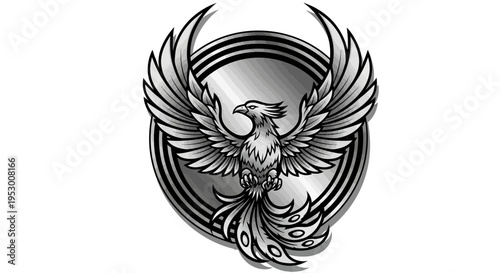 Majestic Metallic Phoenix Bird Illustration with Outstretched Wings. Mythological Fantasy Creature Symbol of Rebirth and Strength.