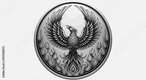 Majestic Phoenix Emblem with Spread Wings and Flames, Mythical Bird of Rebirth in Detailed Metallic Relief Style
