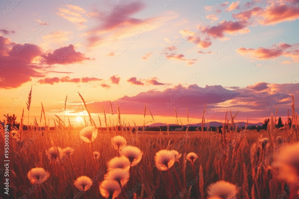 Naklejka premium A picturesque sunset over a field of tall grass. Perfect for nature and landscape themes
