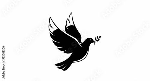 Flying black dove with olive branch, a peaceful and hopeful vector icon symbolizing freedom, spirituality, and new beginnings.