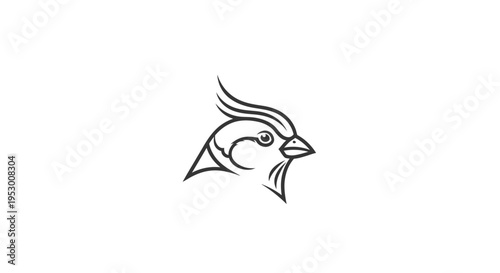 Stylized cardinal bird head profile line art illustration in black and white. Simple graphic drawing of a crested bird.