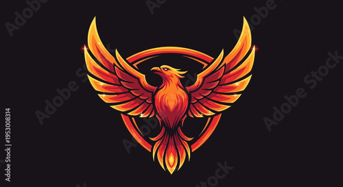 Vibrant fiery phoenix bird illustration with majestic spread wings, mythological creature, symbol of rebirth, power, and strength, vector art.