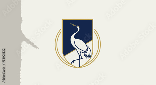 Elegant White Crane Bird Graphic Design within a Gold-Framed Shield. Stylized Avian Emblem Symbolizing Grace, Serenity, and Longevity.