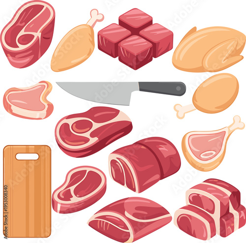 Assorted raw meat cuts with chicken, beef, and steak illustrations, butcher knife and cutting board isolated on white background design