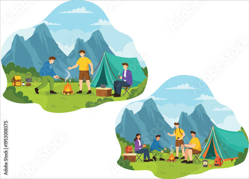 A colorful illustration depicts people camping and enjoying outdoor activities ideal for designs on transparent background silhouette high quality professional detailed