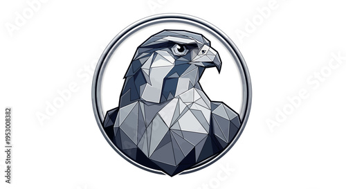 Geometric polygon falcon head vector illustration, majestic bird of prey in circular emblem, modern low poly predatory animal icon