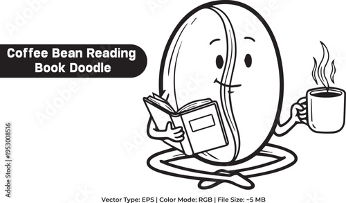 Smart Coffee Bean Character Reading a Book and Holding a Mug Vector Doodle
