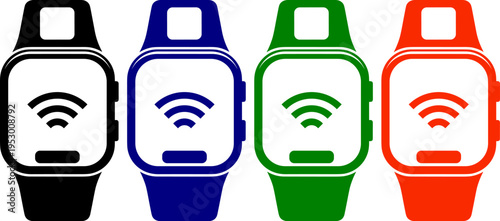 Smart watch icons set in black blue green and orange colors on checkered background
