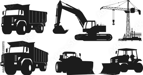 Construction vehicles silhouettes, heavy machinery icons, dump truck, excavator, tower crane, bulldozer, road roller, civil engineering equipment, industrial illustration, building site tools
