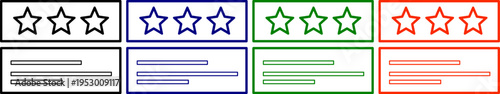 Star rating icons in black blue green and red with text lines vector illustration