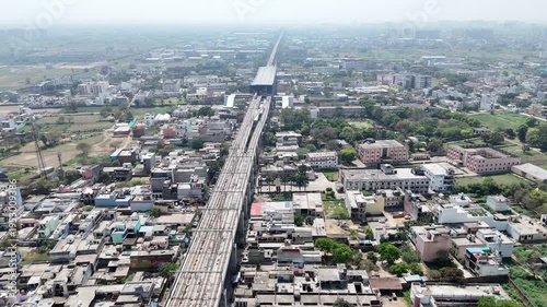 Aerial 4k view of RRTS Namo Bharat Train Running in Meerut, Uttar Pradesh, India