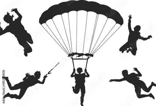 Black silhouette skydivers in freefall with parachute, dynamic extreme sport illustration, adventure aerial jump artwork, thrilling motion design, flat vector illustration