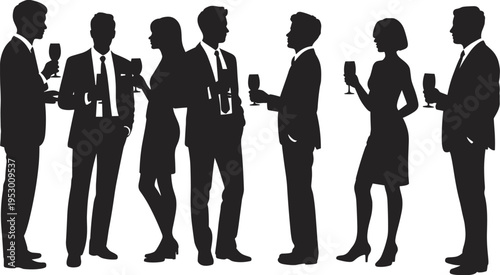 Business networking silhouettes, corporate cocktail party, formal attire illustration, wine glass gathering, professional social event, elegant celebration, group interaction, workplace networking