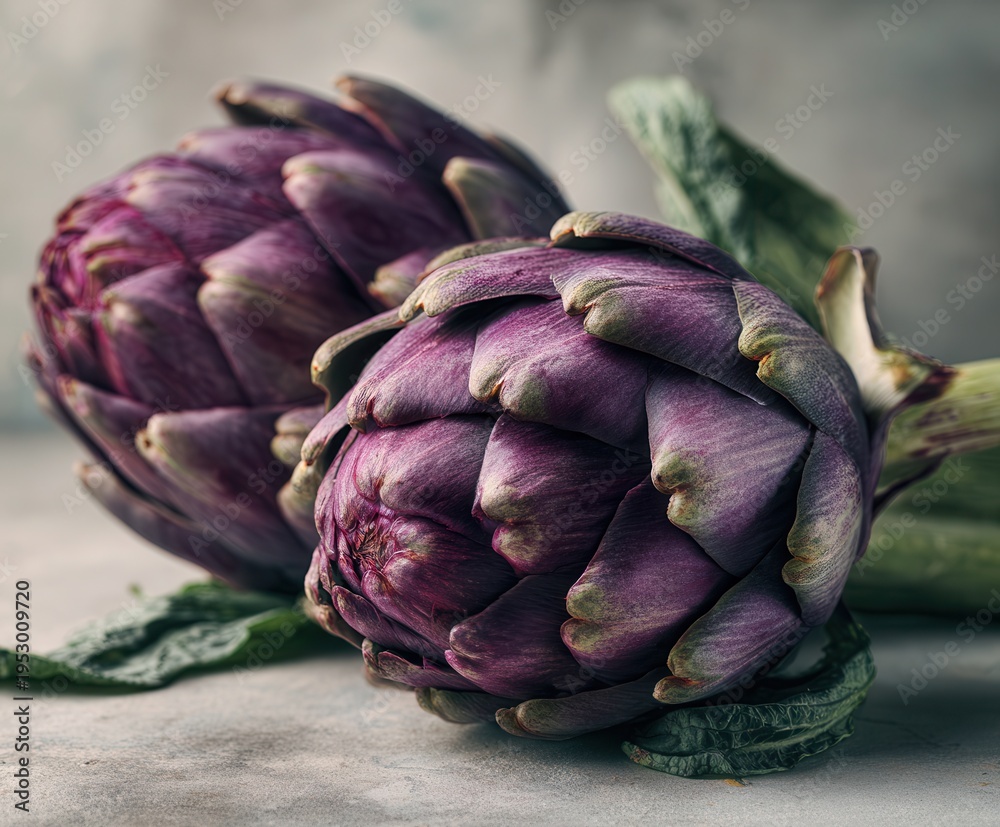 Fototapeta premium two fresh Violet de Provence artichokes