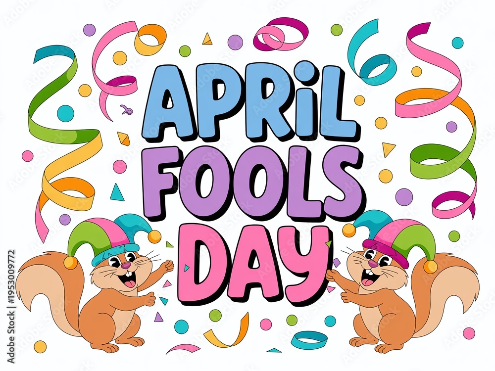 Fototapeta premium April Fools Day Playful Character Illustration with Cute Squirrels Exchanging Gifts and Jester Hats for Kids Brand Holiday Promotion