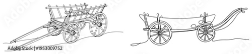 Traditional wooden carts and vintage farm wagons drawn in a minimalist one line art style