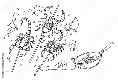 Minimalist continuous line drawing of roasted scorpions on skewers and a frying pan