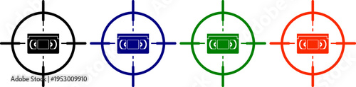 Video cassette icons in crosshair black blue green orange symbol for vintage media