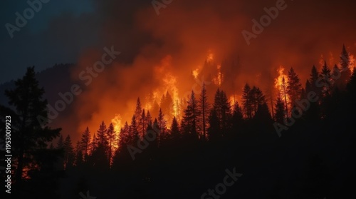 Intense forest fire at night with flames engulfing trees and thick smoke billowing 
