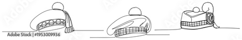 Three traditional Scottish hats including tam o shanter and glengarry in a continuous line art style with tartan patterns