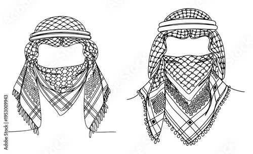 Minimalist continuous line drawing of traditional Arabic keffiyeh and shemagh headscarves with agal