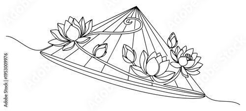 Elegant continuous line drawing of a traditional Asian conical hat decorated with lotus flowers