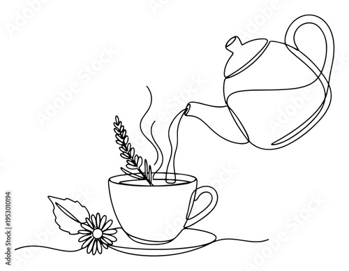 Minimalist continuous line drawing of a teapot pouring hot herbal tea into a cup